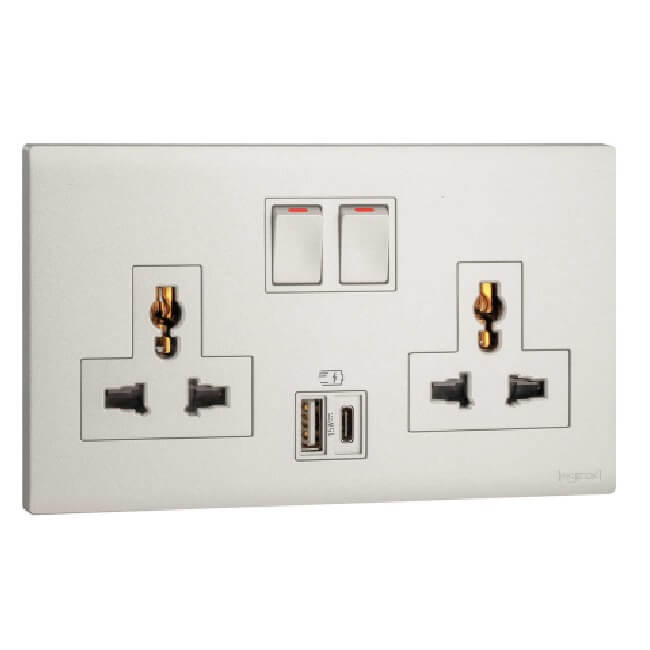 Ổ cắm đôi đa năng 2P+E có công tắc + USB Type-A&C 15W Obria MEC33082WH 3 Ổ cắm đôi đa năng 2P+E có công tắc + USB Type-A&C 15W Obria MEC33082CH