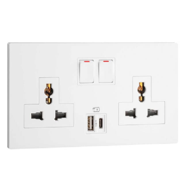 Ổ cắm đôi đa năng 2P+E có công tắc + USB Type-A&C 15W Obria MEC33082WH 1 Ổ cắm đôi đa năng 2P+E có công tắc + USB Type-A&C 15W Obria MEC33082WH